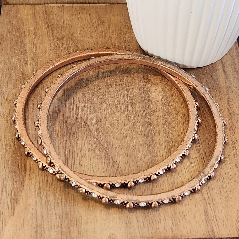 Vintage Style Copper Tone Rhinestone Bangle Bracelet Set of 2 Bohemian Inner 2.5 - Picture 6 of 6